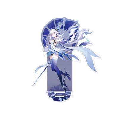 Genshin Impact Skirk display merchandise with holographic badge and acrylic standee