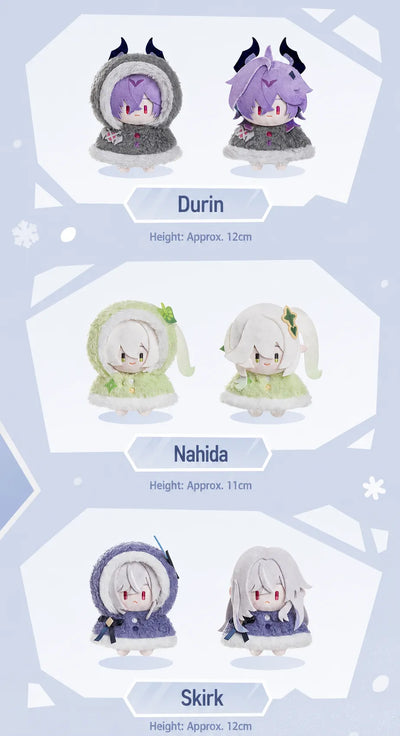 Snowy Joy plush pendant character styles featuring Durin, Nahida and Skirk