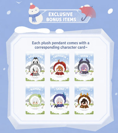 Genshin Impact Snowy Joy plush pendants with matching Arlecchino, Tartaglia, Durin, Nahida, Skirk and Zhongli character cards