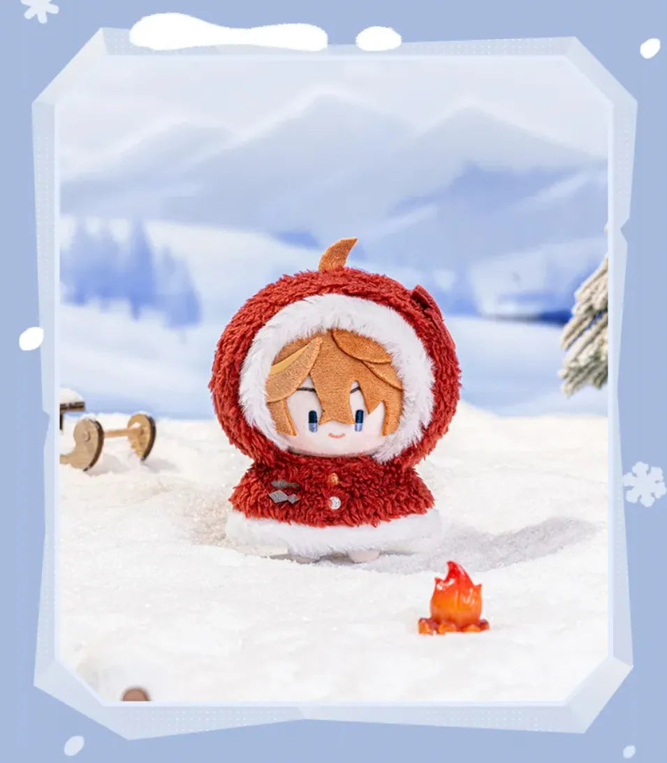 Genshin Impact Snowy Joy plush pendant close-up showing soft fabric and winter cape details