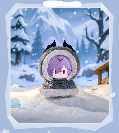 Snowy Joy character plush pendant displayed with its fluffy hood and embroidered details