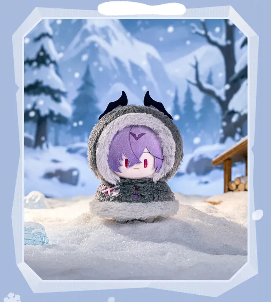 Snowy Joy character plush pendant displayed with its fluffy hood and embroidered details