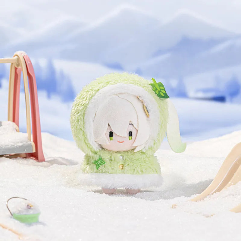Genshin Impact Snowy Joy plush pendant collection featuring Arlecchino, Tartaglia, Durin, Nahida, Skirk and Zhongli
