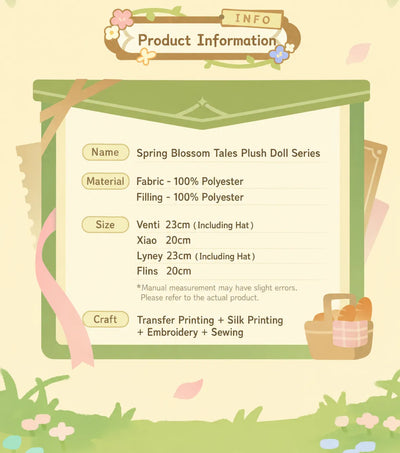Genshin Impact Spring Blossom Tales Venti, Xiao, Lyney and Flins plush dolls displayed together