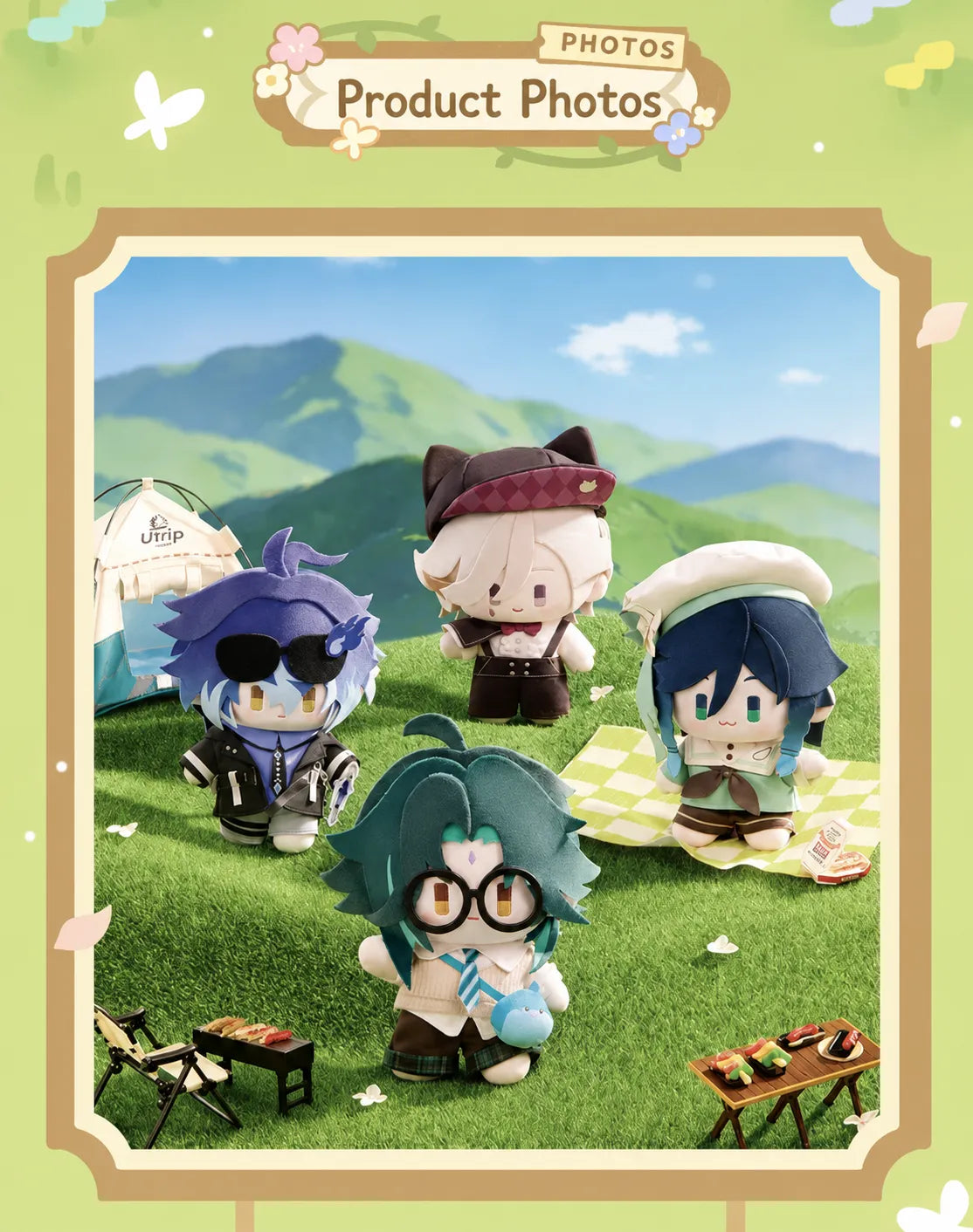 Genshin Impact Spring Blossom Tales plush dolls in a spring picnic display