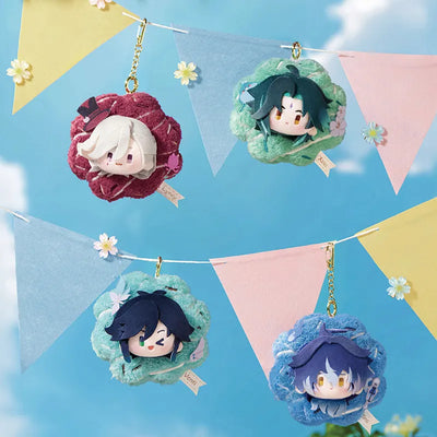 Genshin Impact Spring Blossom Tales floral wreath plush keychains featuring Venti, Xiao, Lyney and Flins