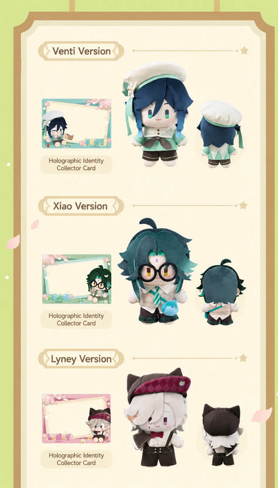 Genshin Impact Spring Blossom Tales Venti plush doll front and back details with collector card