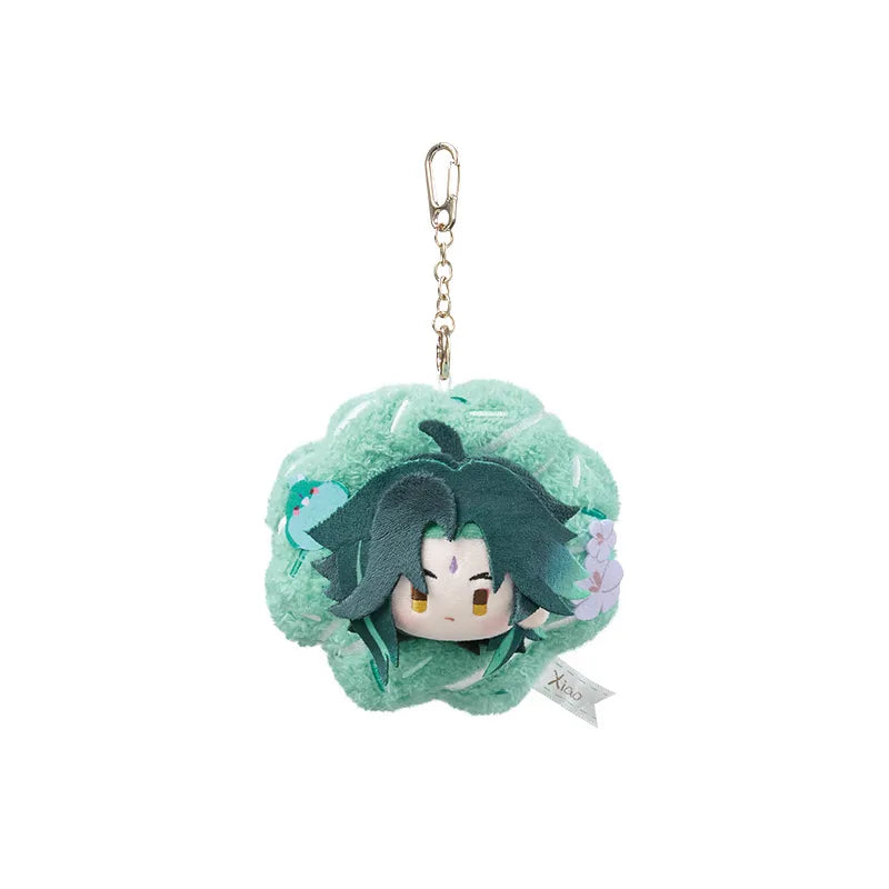 Genshin Impact Spring Blossom Tales Xiao floral wreath plush keychain on white background