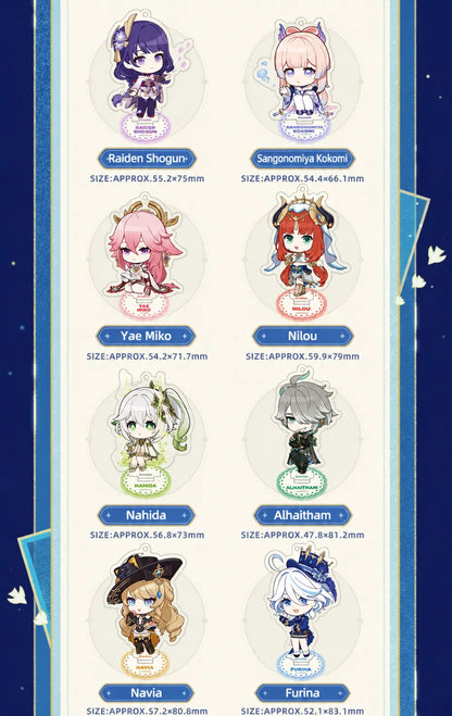 Genshin Impact Stellar Recollection series acrylic standees featuring Furina Neuvillette Mualani Mavuika and Kinich