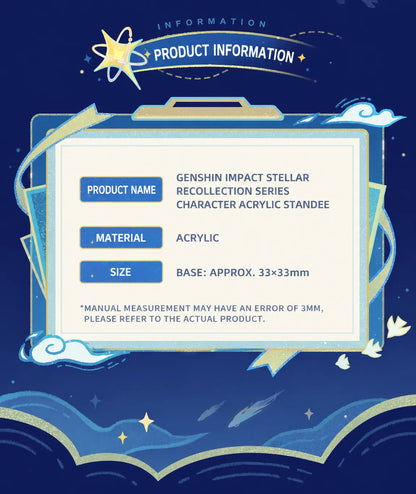 Genshin Stellar Recollection series acrylic standee product information board with material and size details