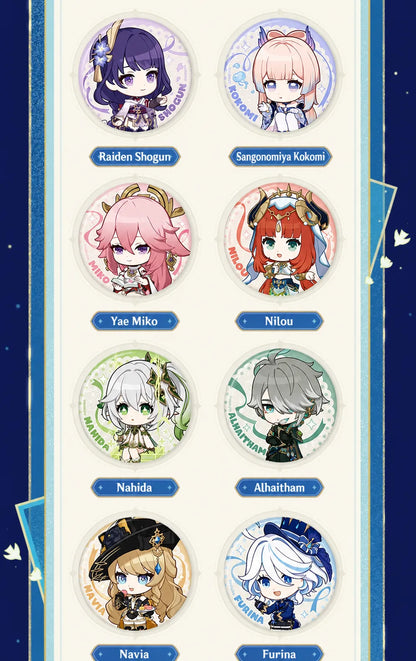 Genshin Stellar Recollection series character badges featuring Furina Neuvillette Mualani Mavuika and Kinich