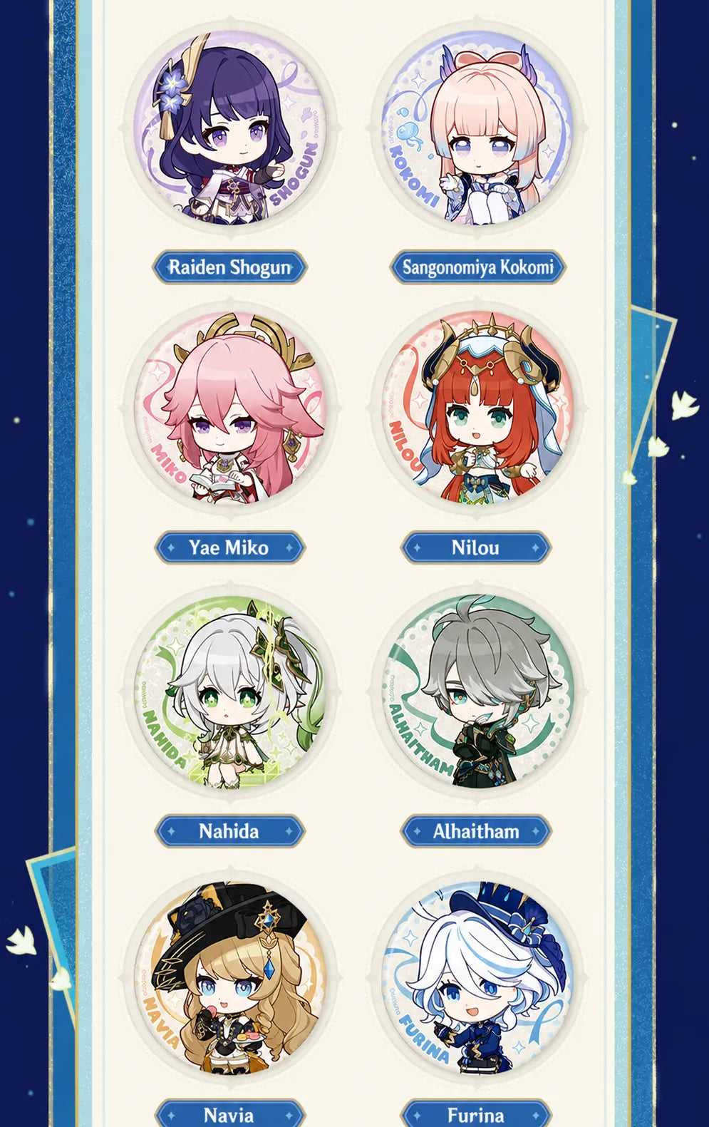 Genshin Stellar Recollection series character badges featuring Furina Neuvillette Mualani Mavuika and Kinich