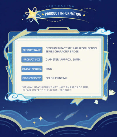 Genshin Impact Stellar Recollection series character badge product information board with size and material details