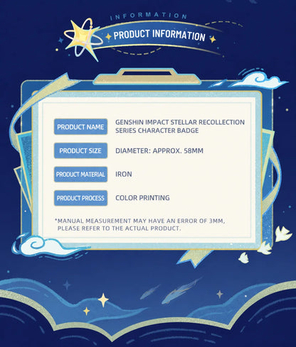 Genshin Impact Stellar Recollection series character badge product information board with size and material details