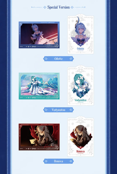 Sudden Snow Series collection cards featuring Odette, Tartaglia, Sandrone and Arlecchino