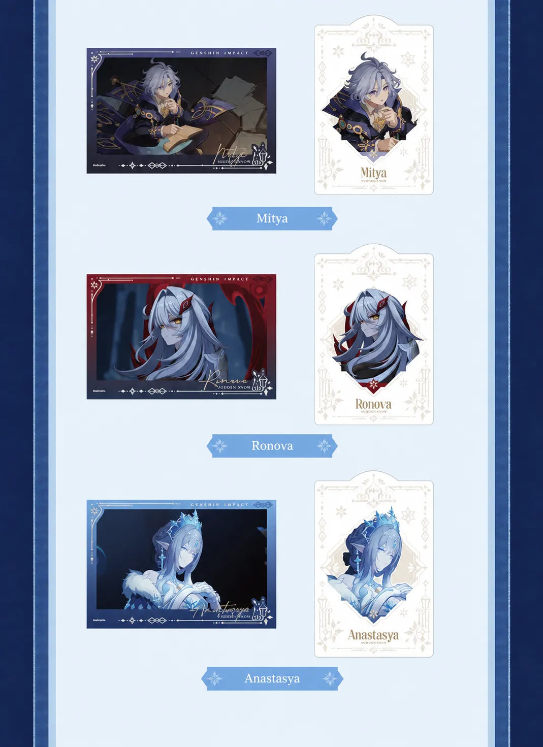 Sudden Snow Series collection cards featuring Pantalone, Vesna, Danica and Noy