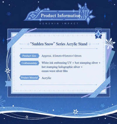 Genshin Impact Sudden Snow Series thick acrylic stand product information with size, material and craftsmanship details
