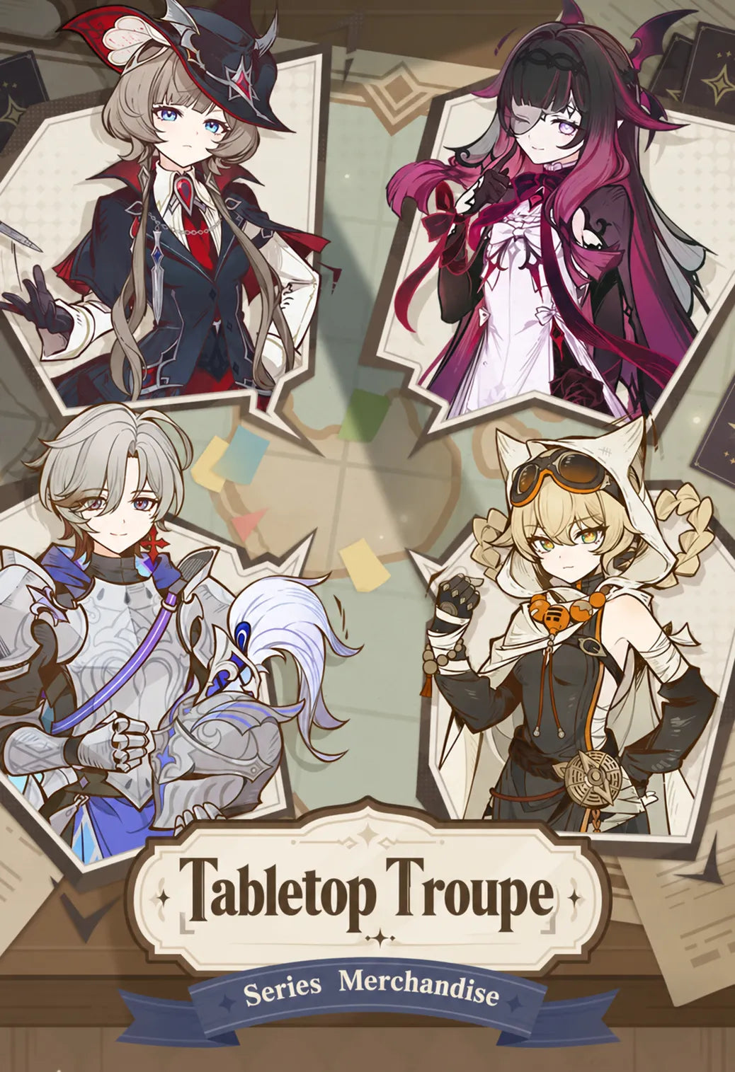 Tabletop Troupe Series character badges featuring Sandrone, Columbina, Illuga, and Jahoda