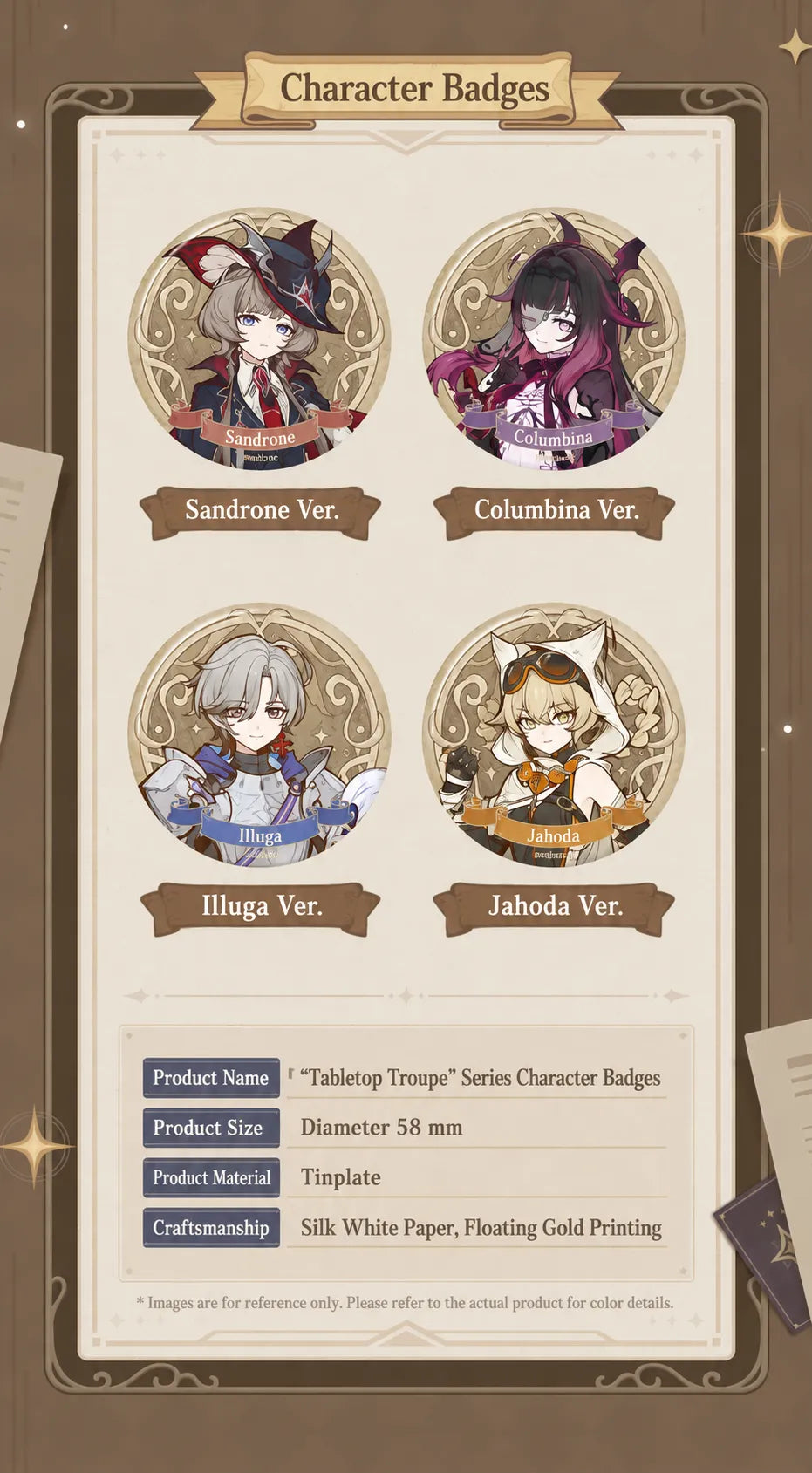 Tabletop Troupe Series multi-insert standees featuring Sandrone, Columbina, Illuga, and Jahoda