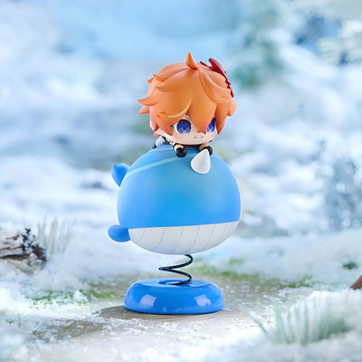 Side angle of Genshin Impact Tartaglia chibi swing toy figure with whale base
