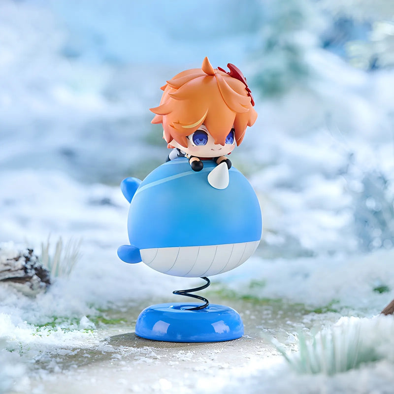 Side angle of Genshin Impact Tartaglia chibi swing toy figure with whale base