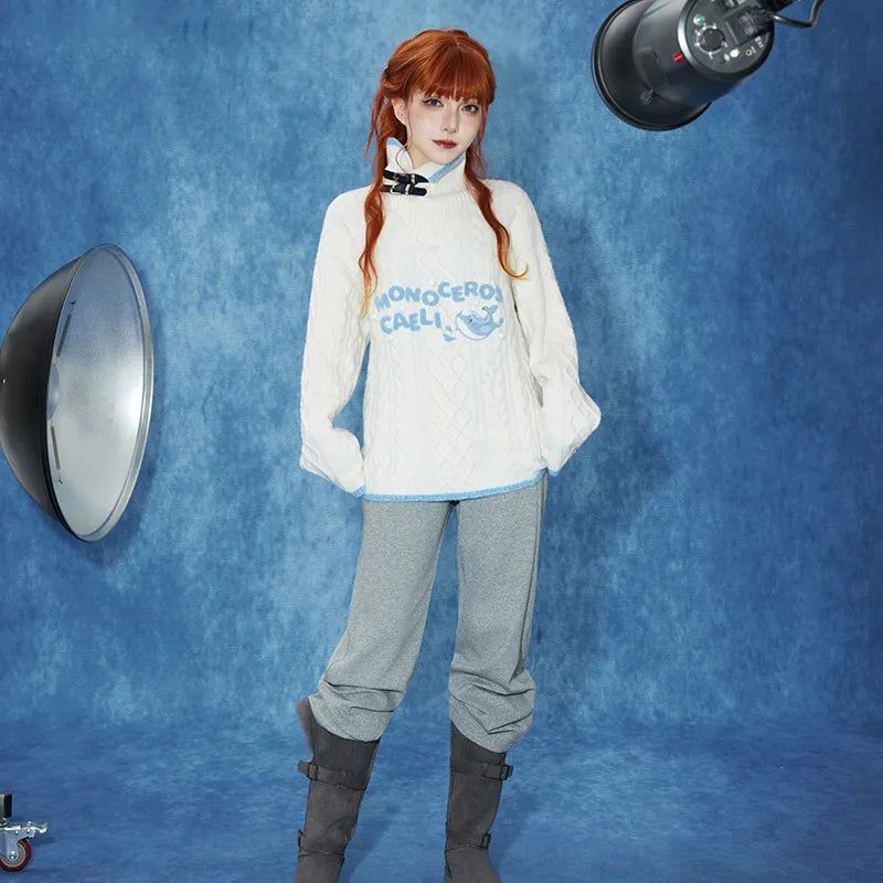 Genshin Impact Tartaglia white knit sweater with light blue trim