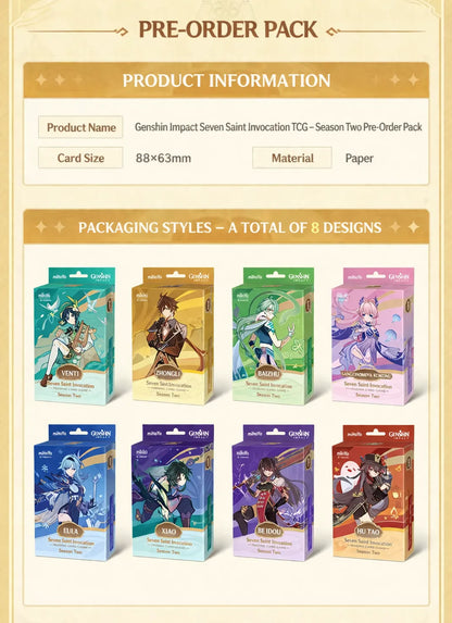 Genshin Impact TCG pre-order pack packaging styles showing 8 character themed box designs