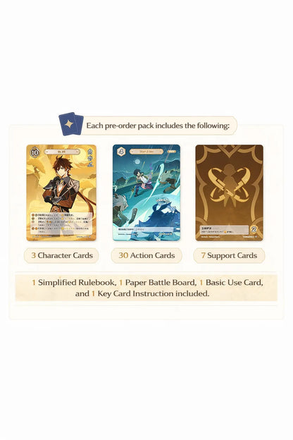 Genshin Impact TCG pre-order pack includes rulebook paper battle board elemental guide and instruction card