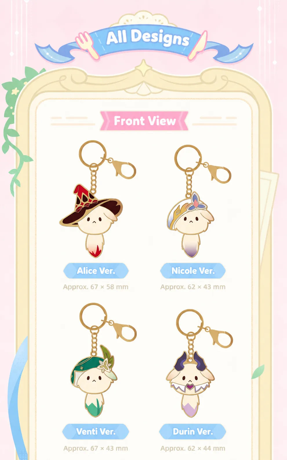 Klee and Varka Tea Party metal charms with front and back design details