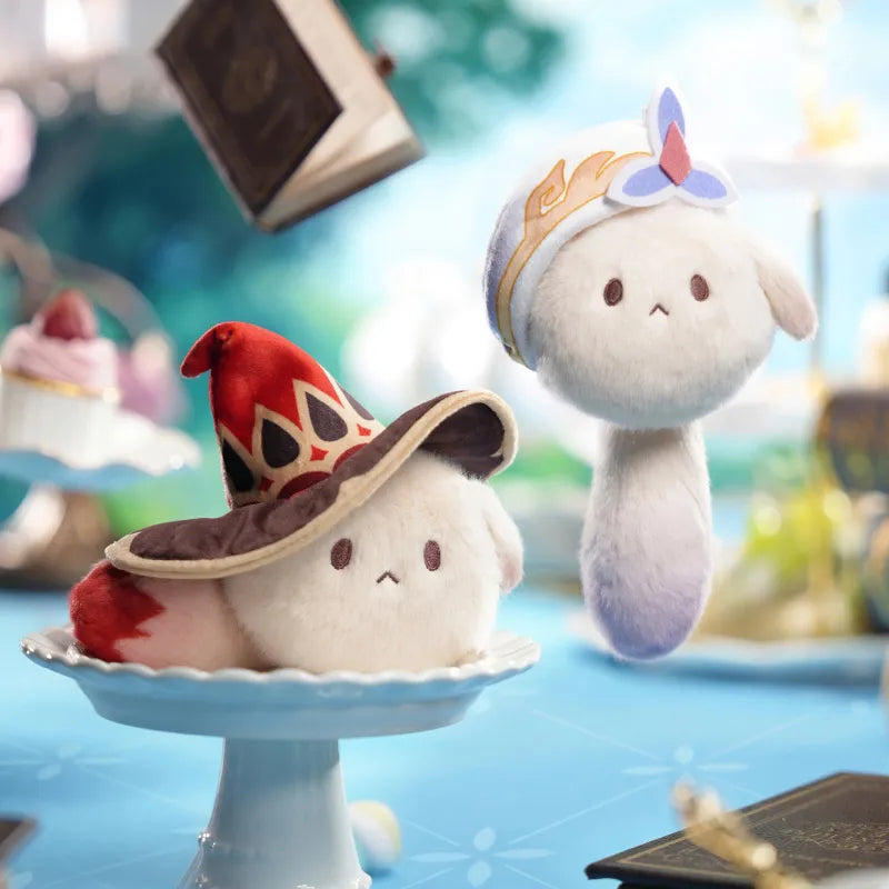 Genshin Impact Tea Party character plush charms displayed in a pastel tea party setting