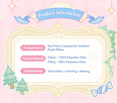 Alice, Nicole and Venti Tea Party plush pillow size and design details