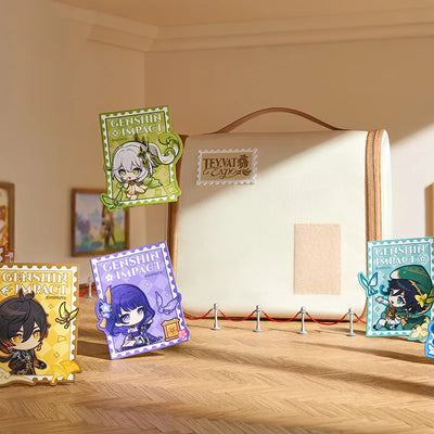 Genshin Impact Teyvat Expo Series travel merchandise featuring Venti, Zhongli, Raiden Shogun, Nahida, Furina