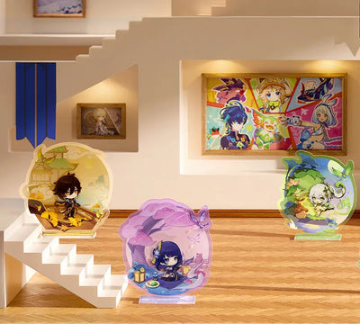 Genshin Impact Teyvat Expo Series chibi merchandise featuring Venti, Zhongli, Raiden Shogun, Nahida, Furina
