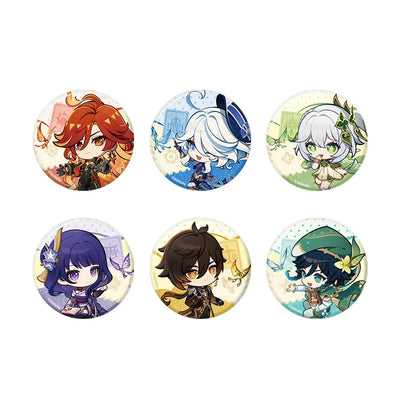 Complete Genshin Impact Teyvat Expo Series collection featuring badges, acrylic stands