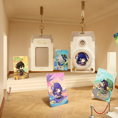 Genshin Impact Teyvat Expo Series travel accessories featuring toiletry bags, magic stickers, and luggage tags