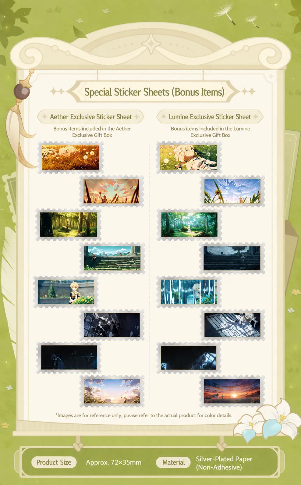 Genshin The Untraveled Path Series bonus sticker sheets featuring Aether and Lumine themed scenery artwork