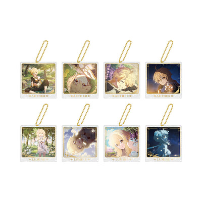 Genshin The Untraveled Path Series collection featuring Aether and Lumine acrylic charms paper photo cards and bonus sticker sheets