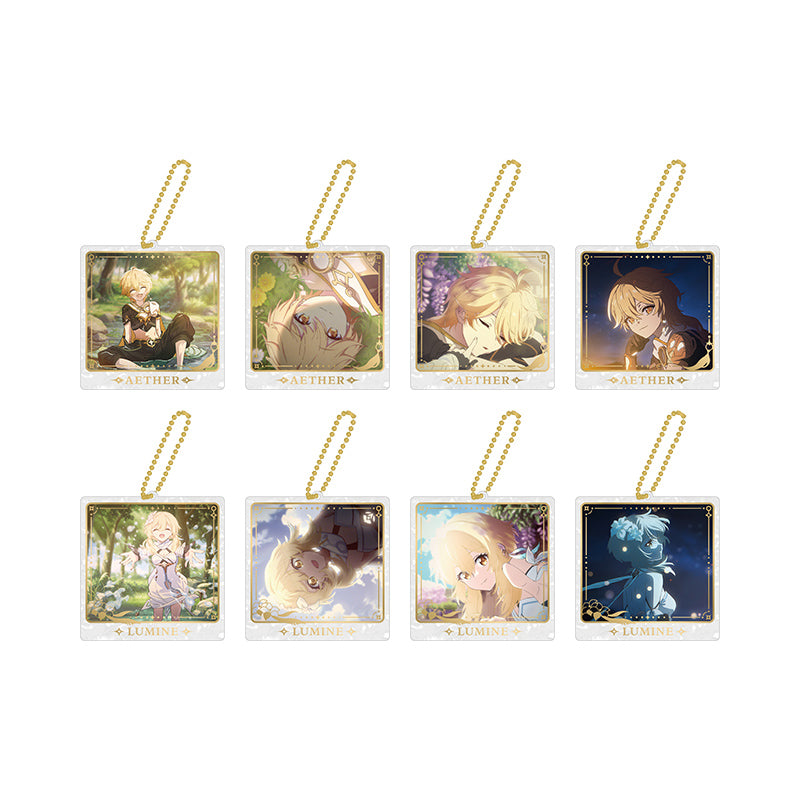 Genshin The Untraveled Path Series collection featuring Aether and Lumine acrylic charms paper photo cards and bonus sticker sheets