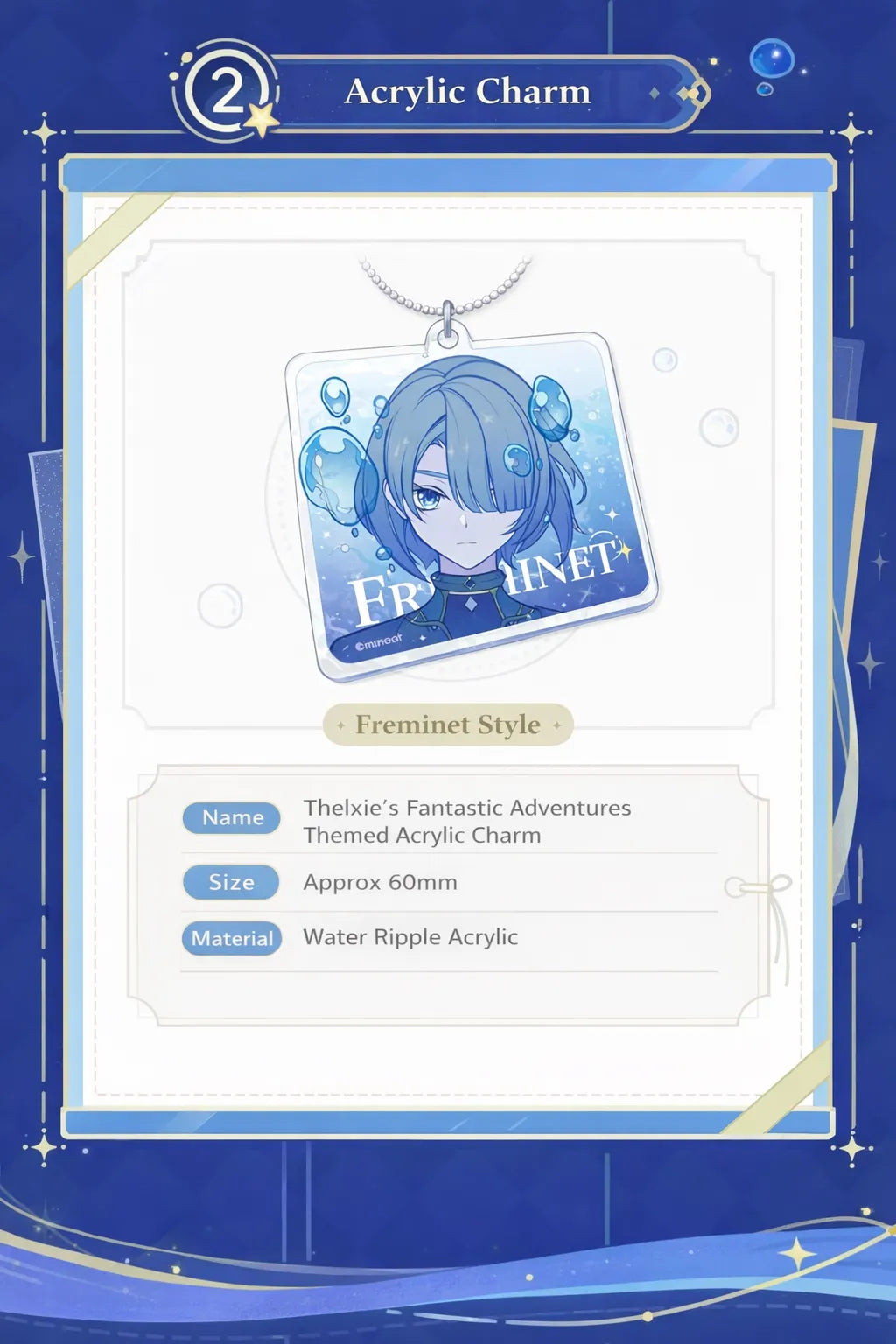 Genshin Impact Freminet double-sided acrylic charm detail with clear printing and water ripple effect