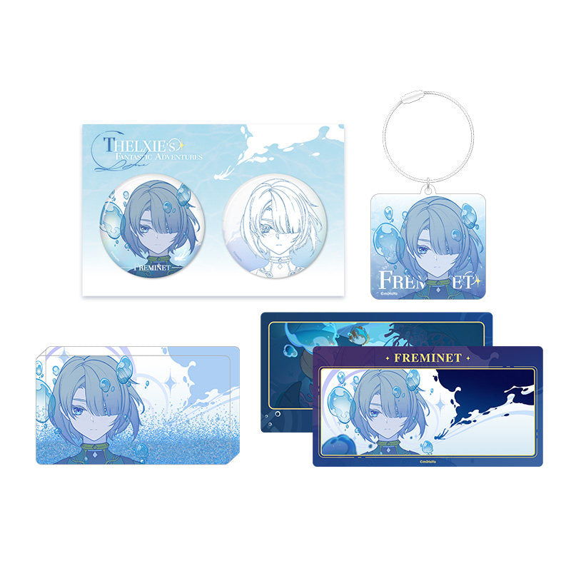 Genshin Impact Freminet merch collection from Thelxie's Fantastic Adventures series including badge set acrylic charm shaker display and lenticular cards