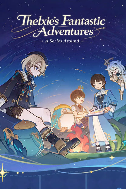 Genshin Impact Freminet merch set overview from Thelxie's Fantastic Adventures series including badges acrylic charm shaker display and cards