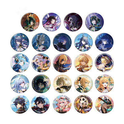 Genshin Themed Series Character Badge Vol.2 collection featuring Mavuika Kinich Mualani Chasca Citlali Hu Tao Yae Miko and more
