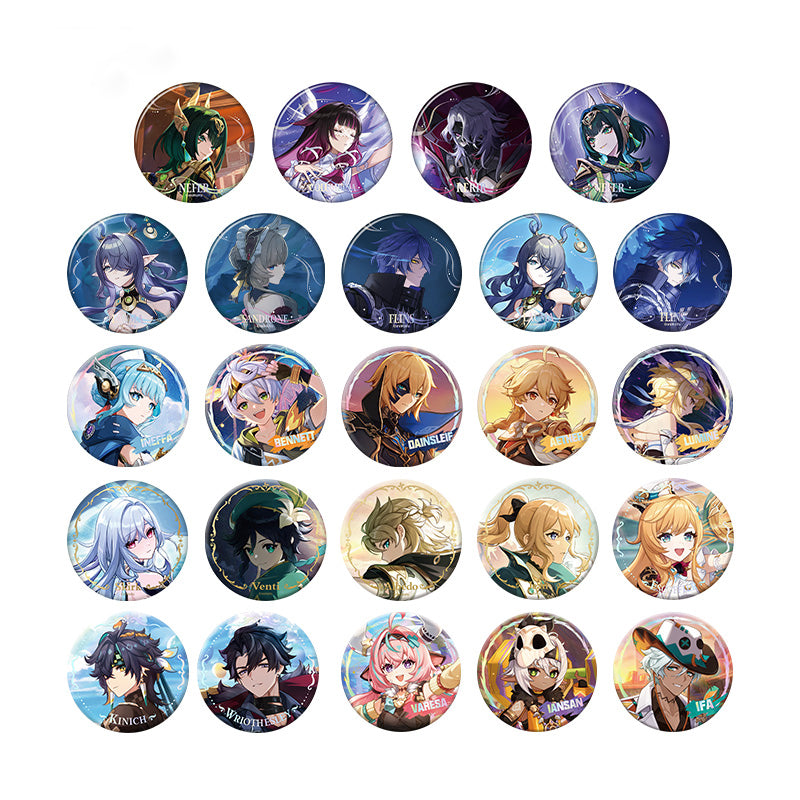 Genshin Themed Series Character Badge Vol.2 collection featuring Mavuika Kinich Mualani Chasca Citlali Hu Tao Yae Miko and more