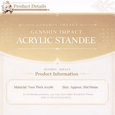 Genshin Impact thick acrylic keychain product details showing 7mm acrylic material and approx 50x70mm size