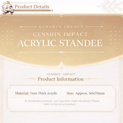 Genshin Impact thick acrylic keychain product details showing 7mm acrylic material and approx 50x70mm size