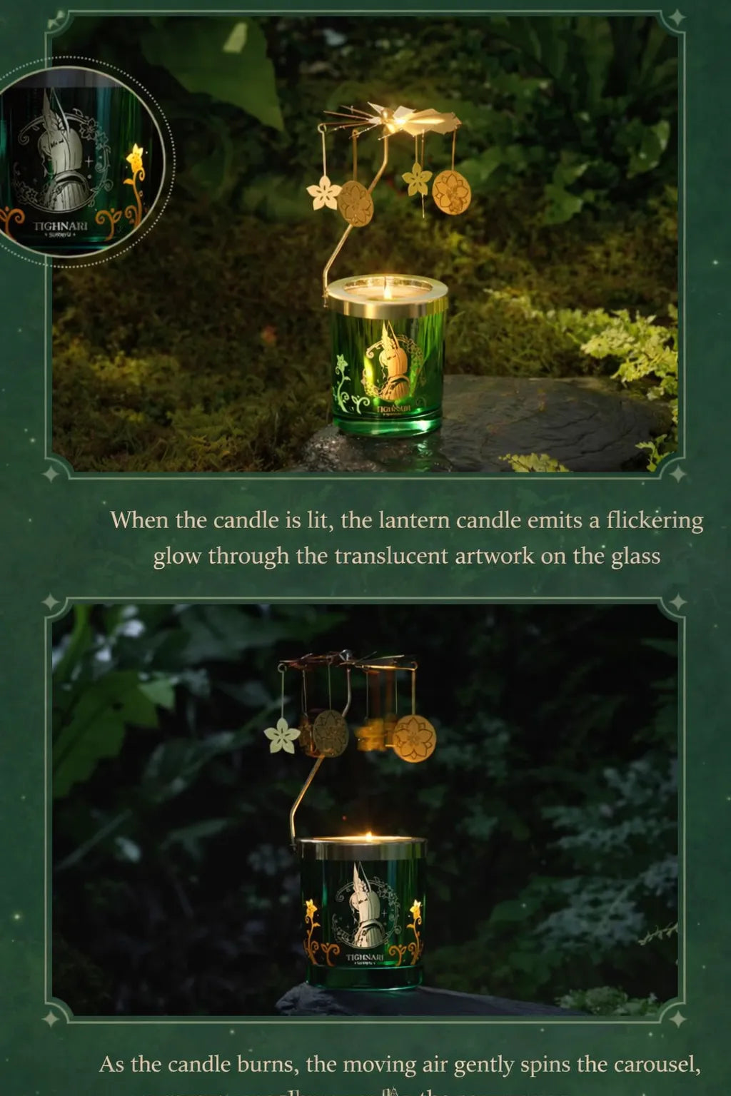 Genshin Impact Tighnari candle warm glow with rotating lantern shadow effect at night