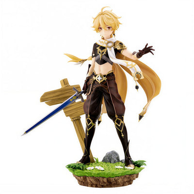 Genshin Impact Traveler Aether figure base detail with grass, rock and decorative elements