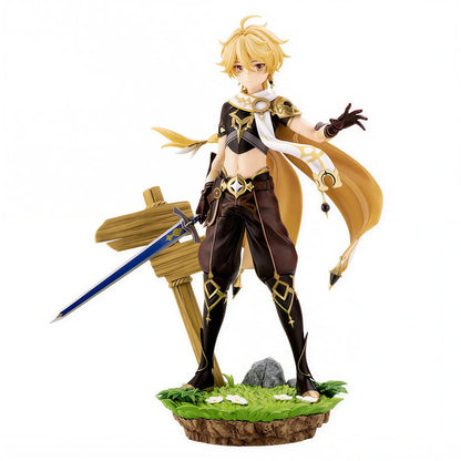 Genshin Impact Traveler Aether figure base detail with grass, rock and decorative elements