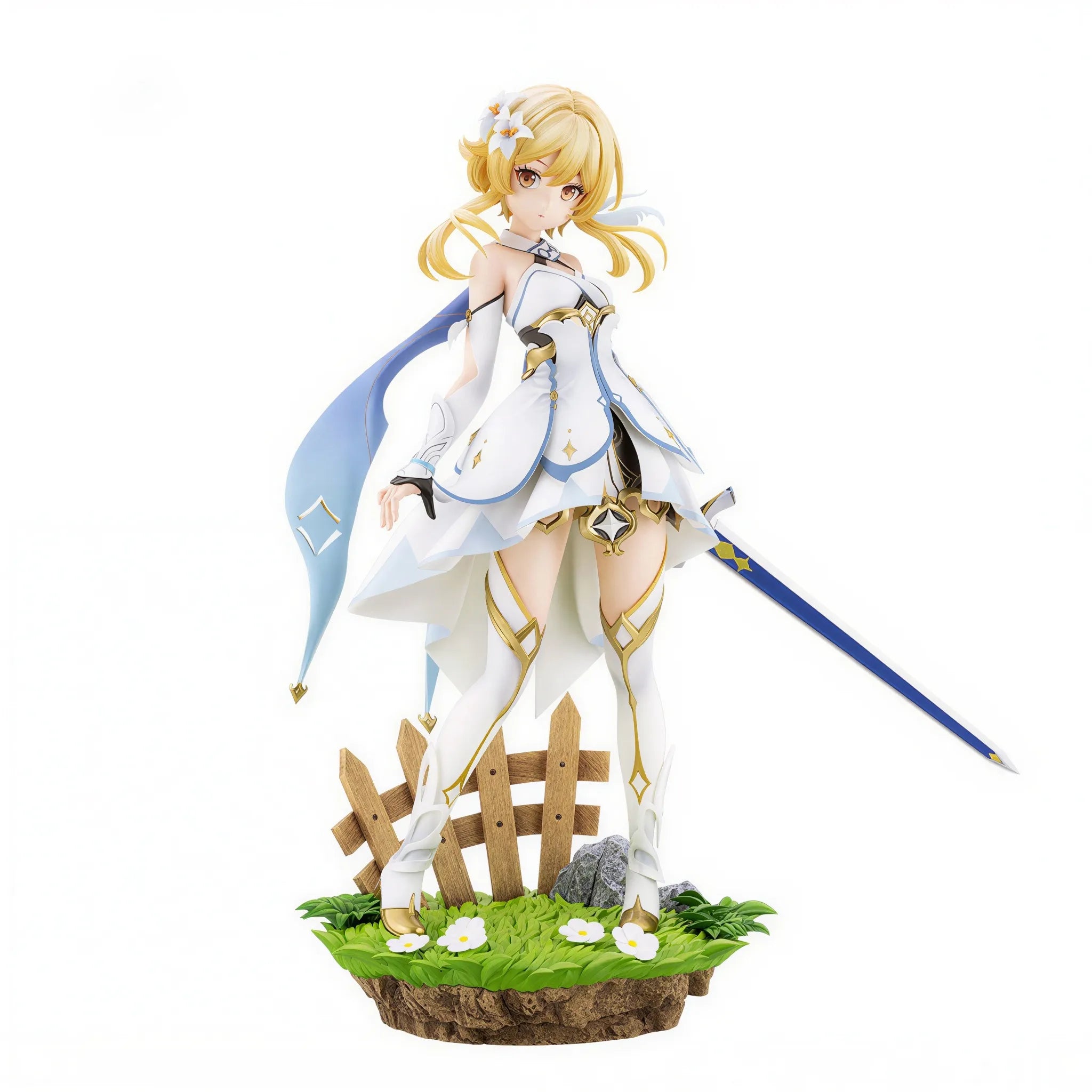 Genshin Impact Traveler Lumine figure base display grass platform and fence detail