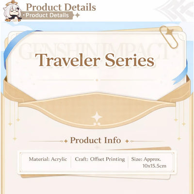 Genshin Impact Traveler Series acrylic stand product details showing material acrylic offset printing and size about 10 by 15.5 cm